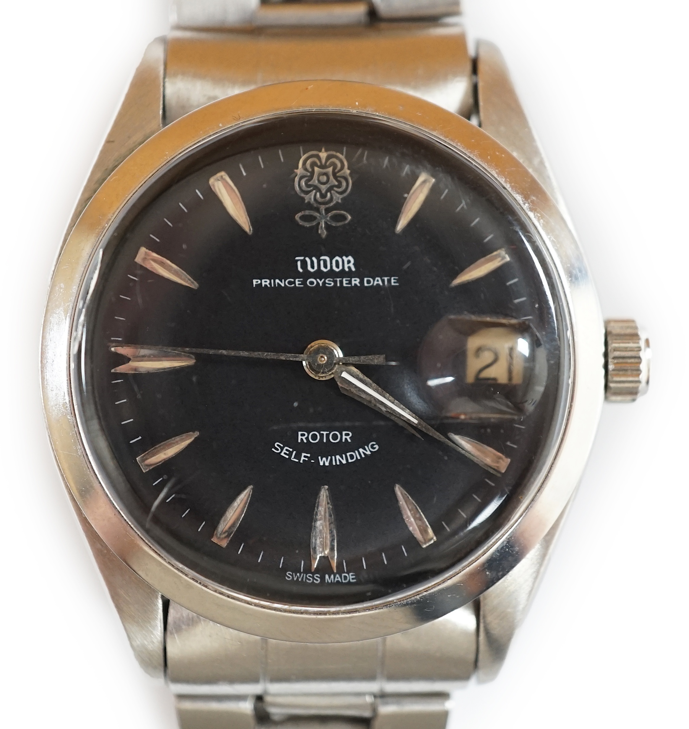 A gentleman's 1950's? stainless steel Tudor Prince Oyster Date self-winding black dial wrist watch